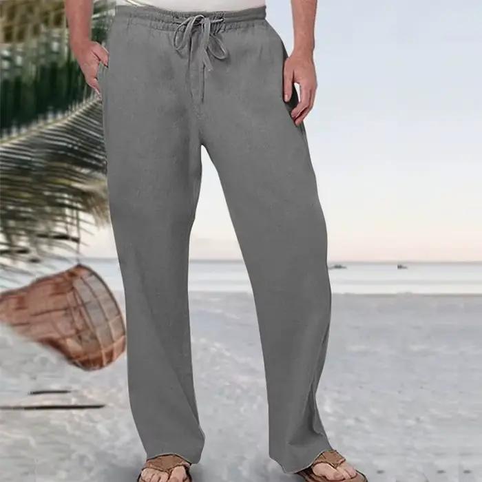 Pantalon de plage en coton et lin pour homme, coupe droite ample, respirant, décontracté, pantalon e