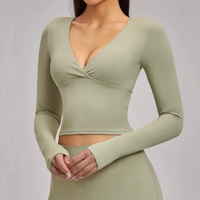 T-shirts de yoga pour femmes, coupe ajustée, manches longues, vêtements de sport, de fitness, de cou
