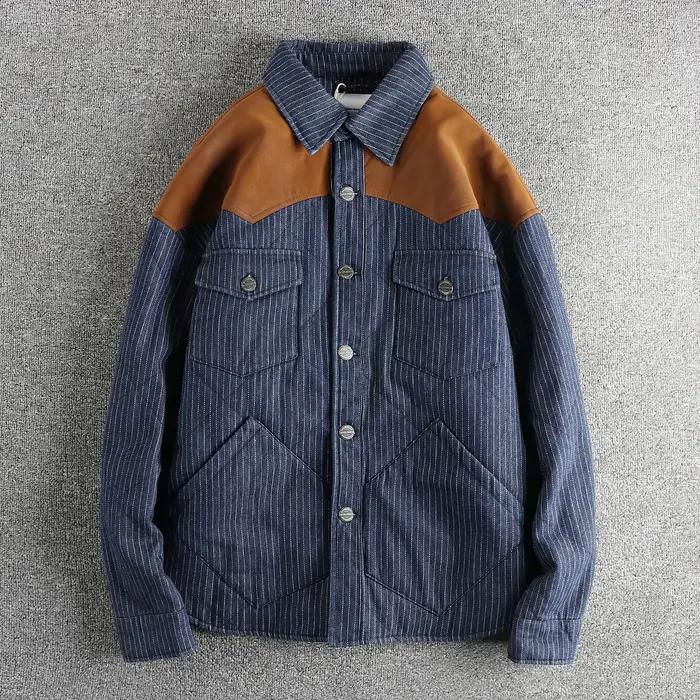 Veste en Cuir Fendu pour Homme, Tissu Jacquard Rayé, Tendance Rétro, Multi-Poches, Cargo, Coton