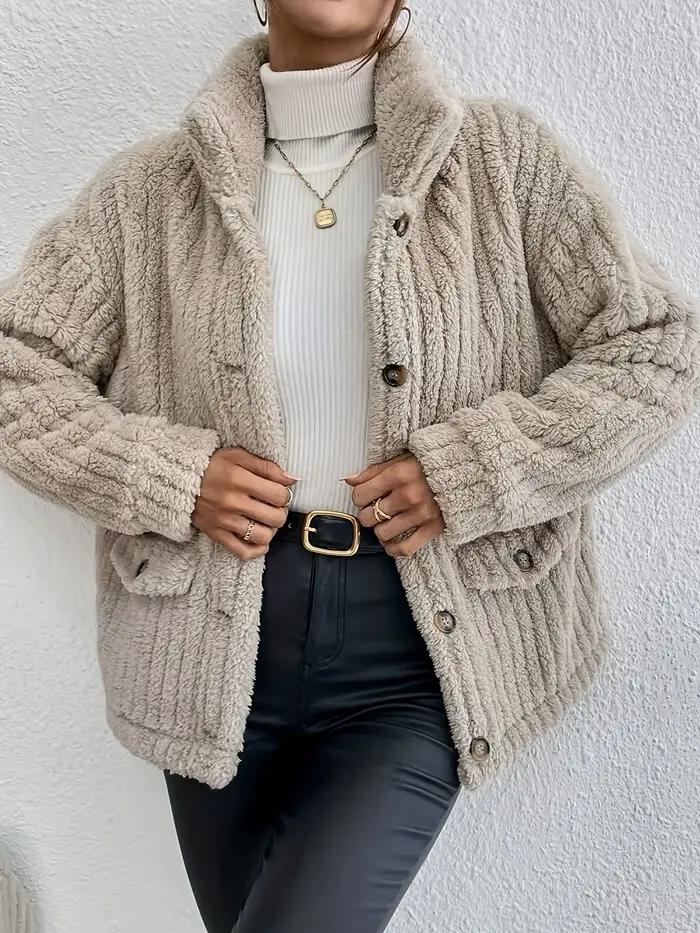 Femmes polaire manteaux amples automne hiver col rabattu bouton poche vestes de base MQDFZC-8094