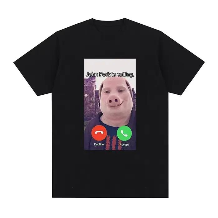 T-shirt « John Pork appelle » avec réponse humoristique, mode vintage délavée unisexe, confortable, 