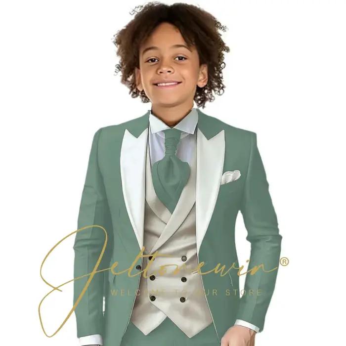 Costume de mariage formel vert foncé pour enfants, veste et pantalon, gilet ivoire, robe de photogra