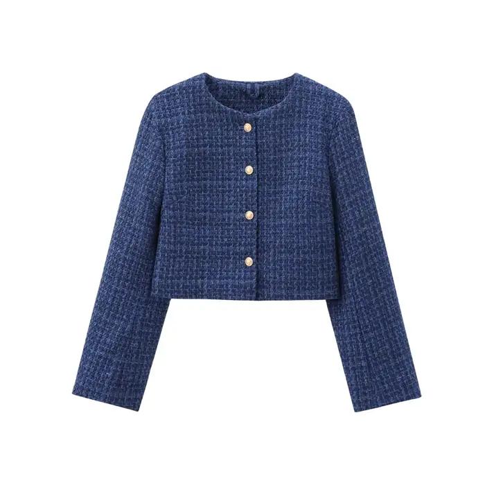 Veste courte en Tweed pour femmes, avec boutons dorés, col rond, manteau à manches longues, vêtement