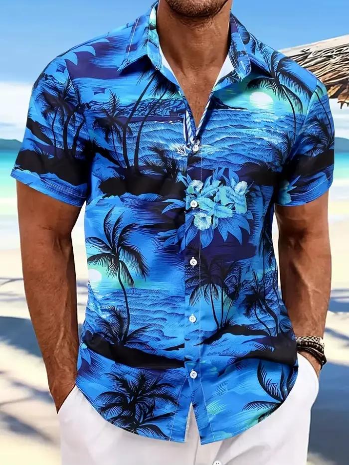 Chemise à revers pour homme, manches courtes, pour la plage et l'extérieur, motif paysage imprimé, c