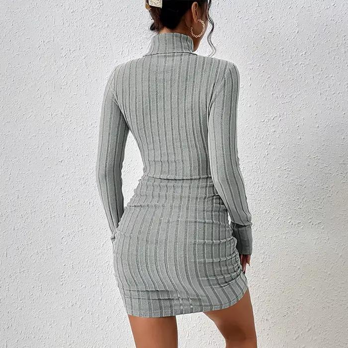Nouvelles Robes Automne Hiver Femme Manches Longues Col Roulé Unies Sexy Moulantes Fourreau Mini Rob