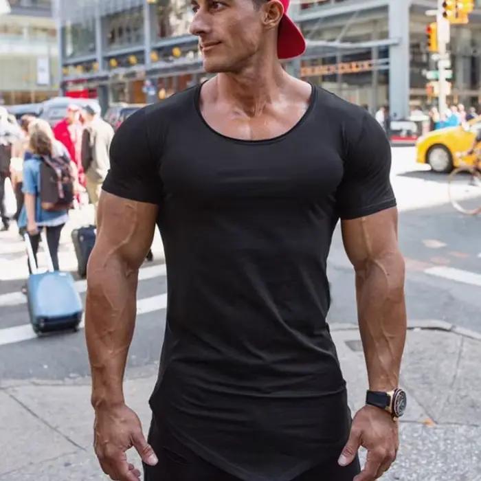 Couleur unie hommes course Sport T-Shirt hauts coton respirant à manches courtes coupe ajustée T-Shi