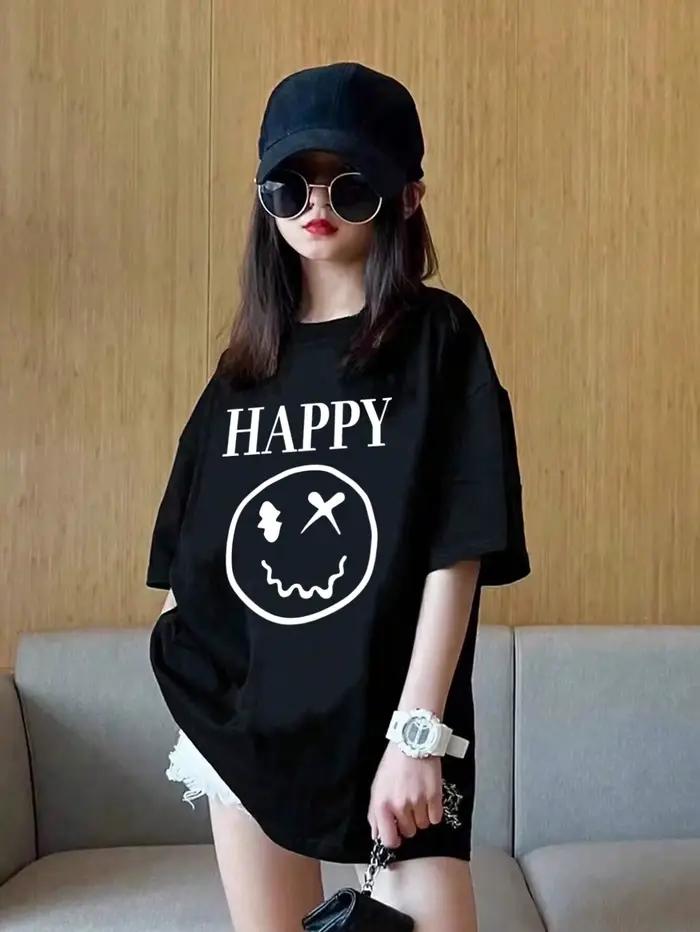 T-shirt à manches courtes imprimé visage souriant et lettre HAPPY style décontracté et polyvalent ad
