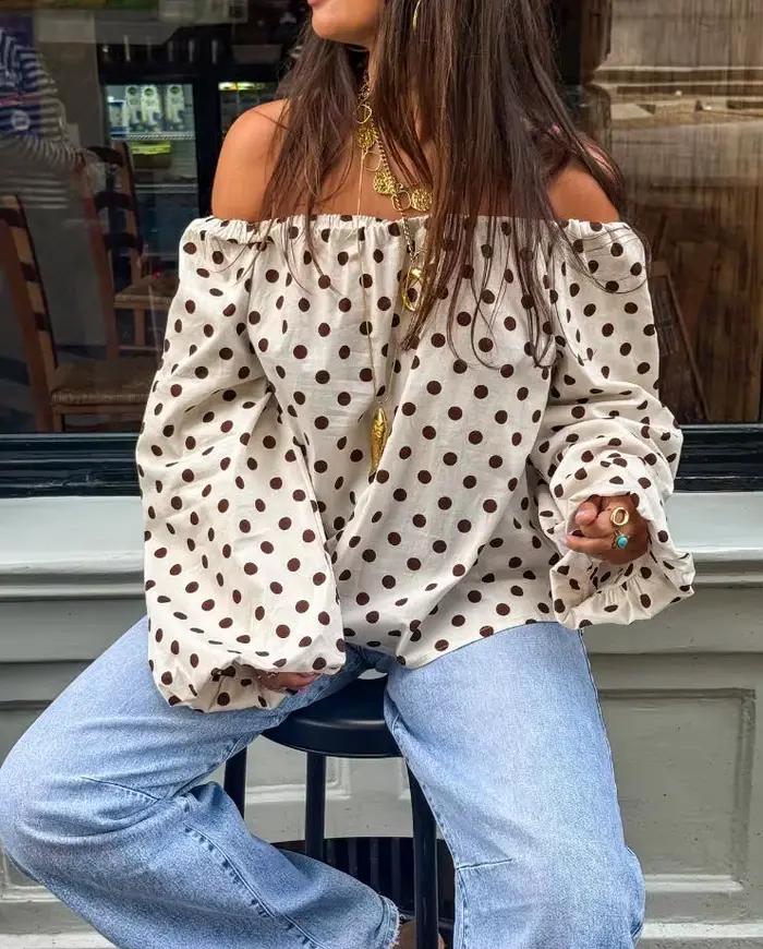 Pull à manches longues et col Slash pour femme, chemisiers à la mode, imprimé à pois, haut de vacanc