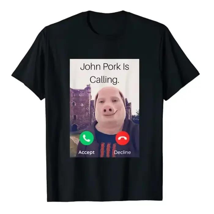 John Pork Is Calling answer and Phone T-Shirt, Humor Funny Pig Lover Graphic Tee Top, Streetwear Fas