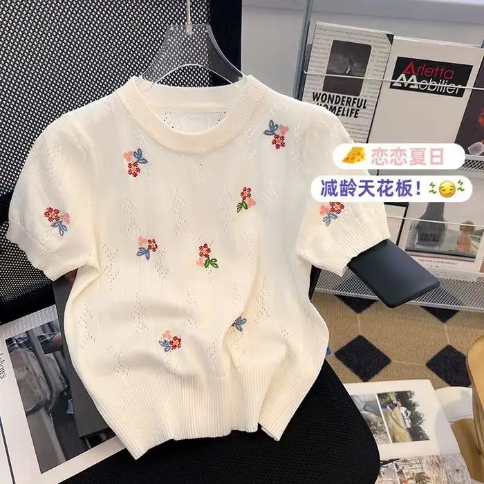 Pull Brodé à Fleurs Esthétique, Vêtement Fin Amissié, T-shirt à Manches Courtes, Ice InjTop, Grunge,