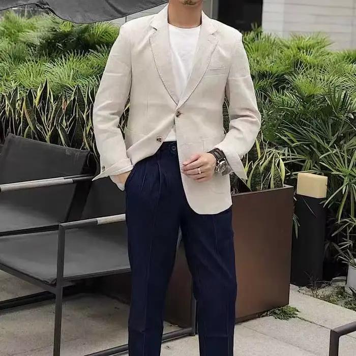 Blazer en lin pour hommes, veste de costume à carreaux décontractée de Style coréen, veste pour homm