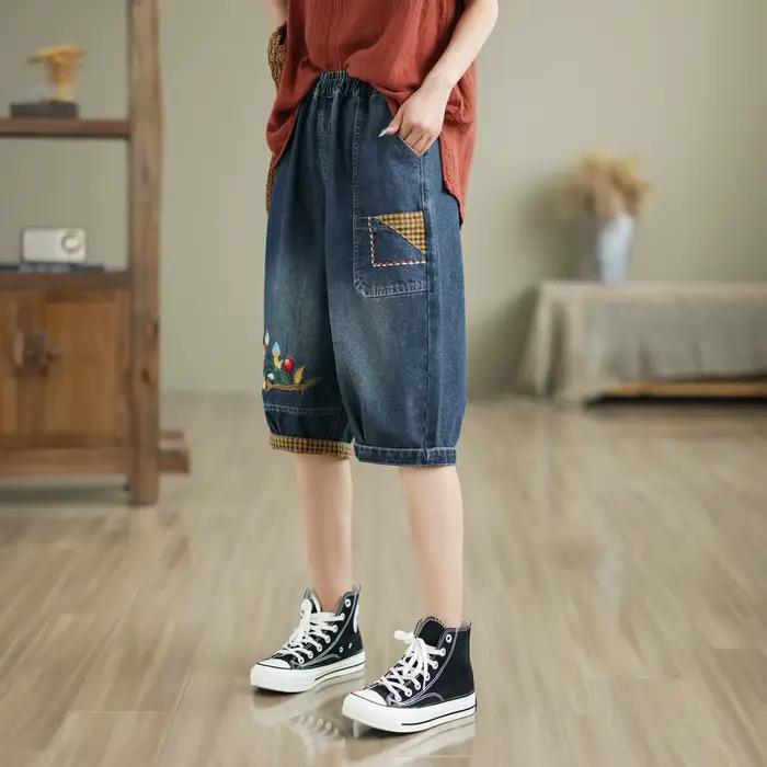 Pantalon court en denim brodé pour femmes, vêtements vintage, design élastique, pantalon de combatta