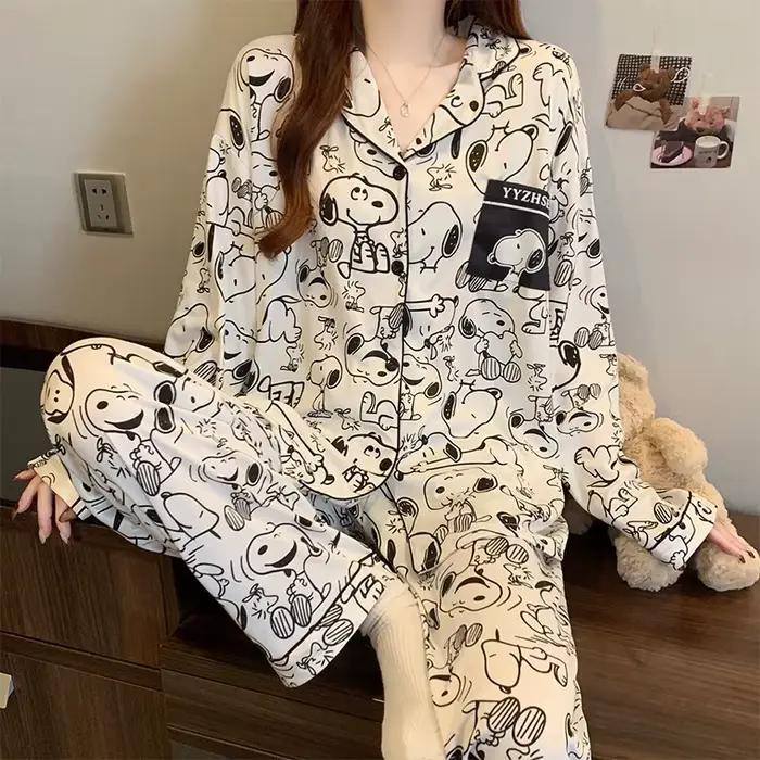 Pyjama Snoopy dessin animé printemps-automne, manches longues et pantalon, en soie de lait, vêtement