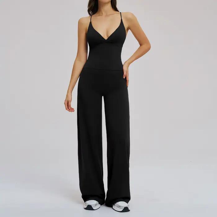 Ensembles de sport pour femmes, pantalon large, dos élégant, couleur unie, tenue décontractée pour l