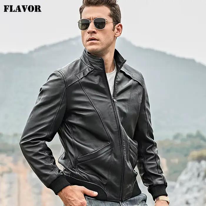 FLAVOR – veste de moto en cuir véritable pour homme, en peau d'agneau, Nappa avec col montant