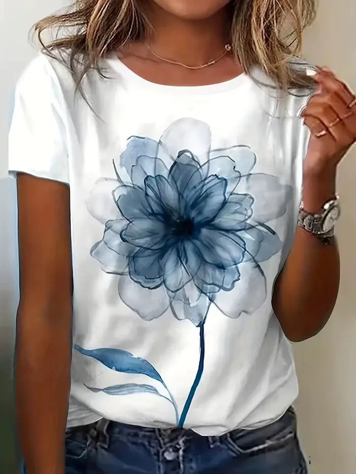 T-shirt imprimé floral vintage pour femme – Fleurs aquarelle bleu et blanc, t-shirt en tissu doux, t