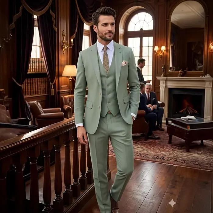 Costume trois pièces pour homme, coupe ajustée, vert sauge, moderne, formel, pour mariage, veste, gi