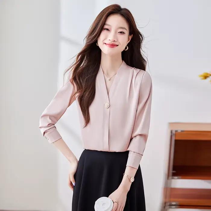 NAVIU-Chemise en Satin à Manches sulfpour Femme, Vêtement de Mode Coréenne, Couleur Unie, Col en V, 