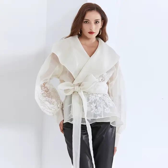 VGH-Chemisier brodé imprimé vintage pour femmes, revers, manches longues, ceintures, chemisier éléga