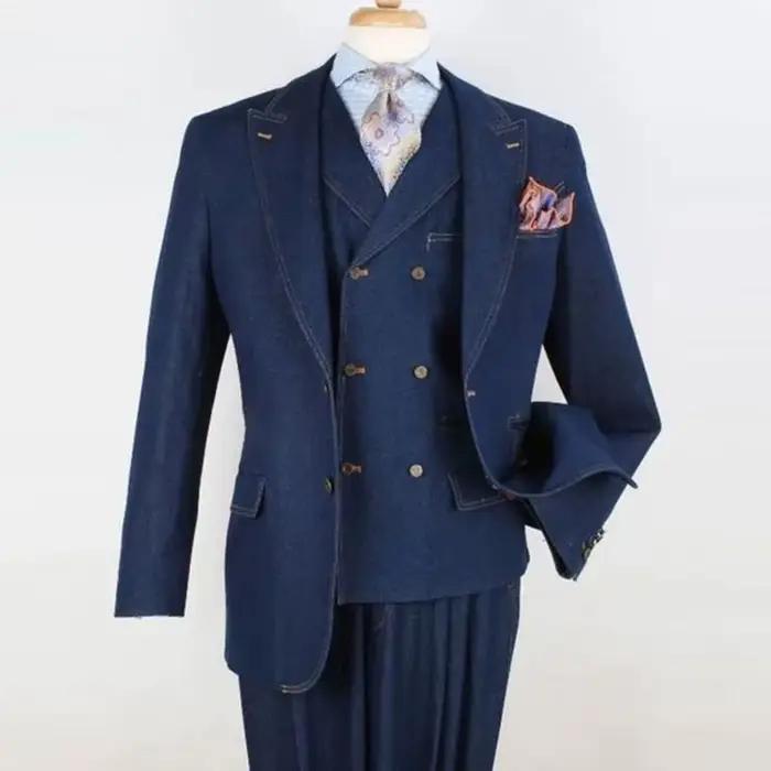 Costume 3 pièces en denim de luxe pour hommes, blazer personnalisé, veste à boutonnage simple, rever
