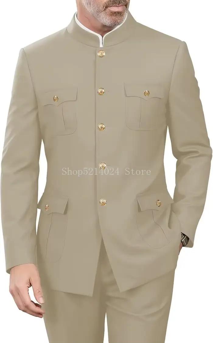 2 pièces de costumes safari à col mandarin pour hommes, ensemble veste et pantalon à boutons dorés c