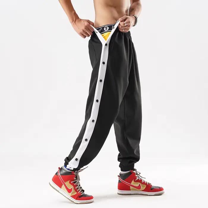 Pantalon de jogging pour homme avec côtés contrastés et boutons, extensible, long, pour entraînement