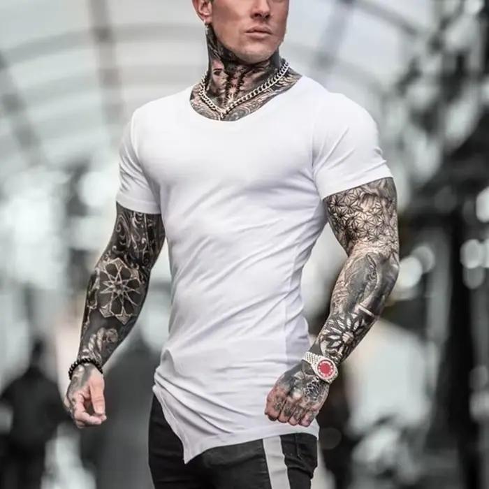 Couleur unie à manches courtes coupe ajustée col en v chemises gymnase musculation Fitness Muscle T-
