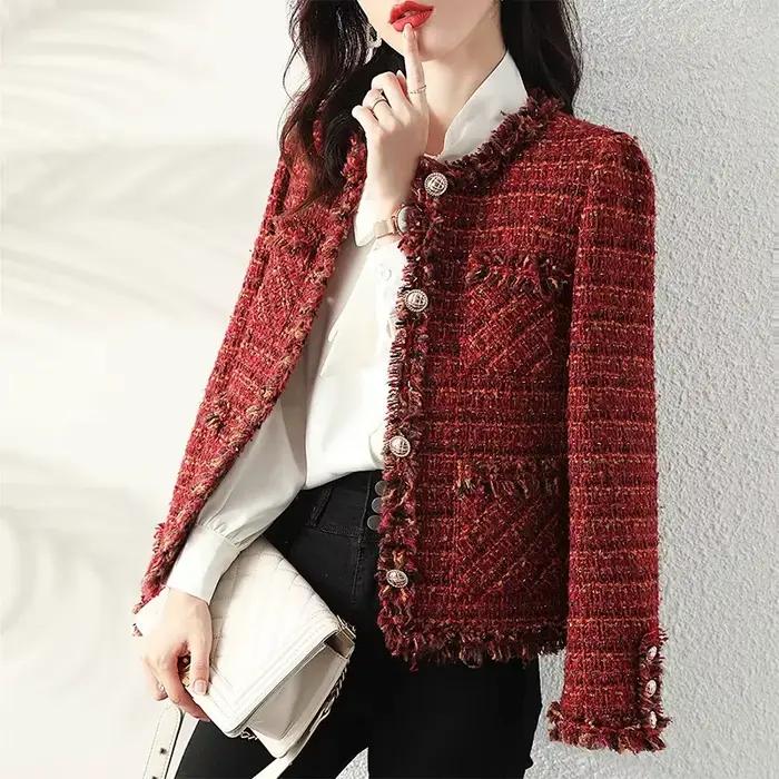 Veste en tweed vintage pour femme, petit manteau parfumé, mélange de laine coréenne, vêtements éléga
