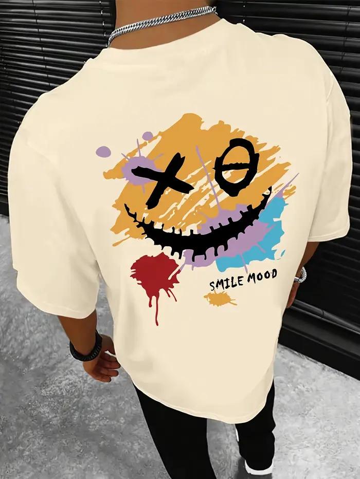 T-shirt décontracté pour homme en coton 100% avec imprimé artistique visage souriant Graffiti, style