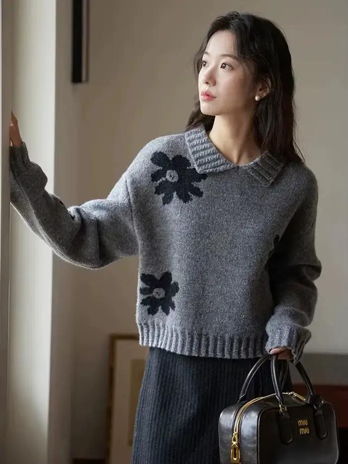 Zoki-Pull Vintage à Col Rabattu pour Femme, Vêtement Décontracté, Gris, Floral, Style Rétro Français