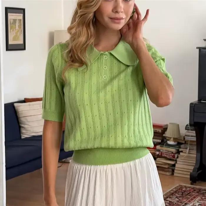 Pull en tricot ajouré pour femmes, pull à revers, Patchwork, Slim, manches courtes, élégant, haut en
