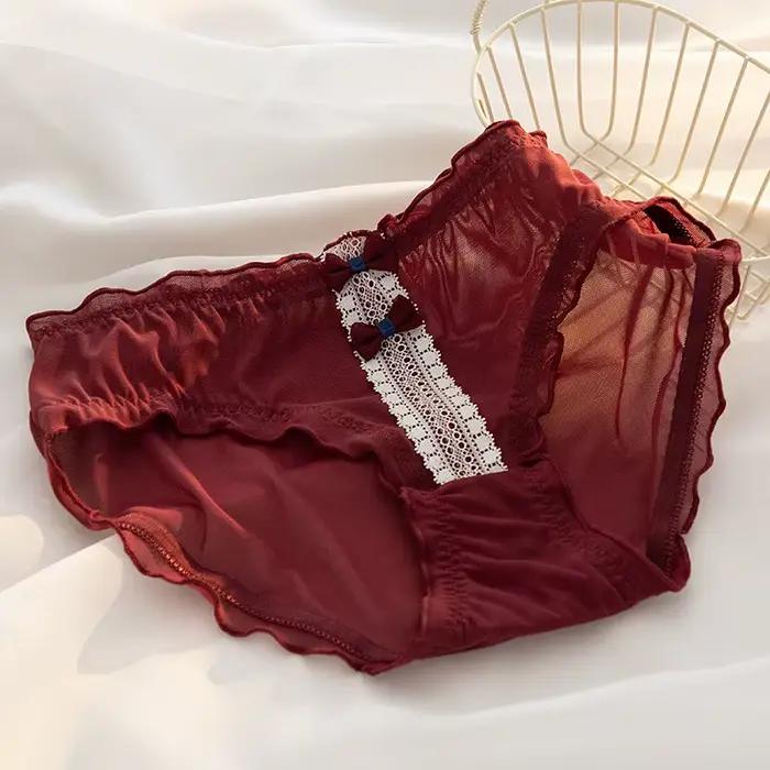 Sous-vêtements Sexy en dentelle pour femmes, culotte avec nœud papillon, rouge vin, taille moyenne, 