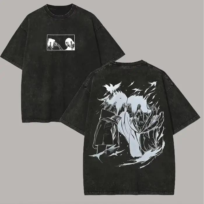 T-shirt Naruto Sasuke Itachi pour Homme, Imprimé au Dos Effet Délavé, Motif Anime Liaison Fraternell