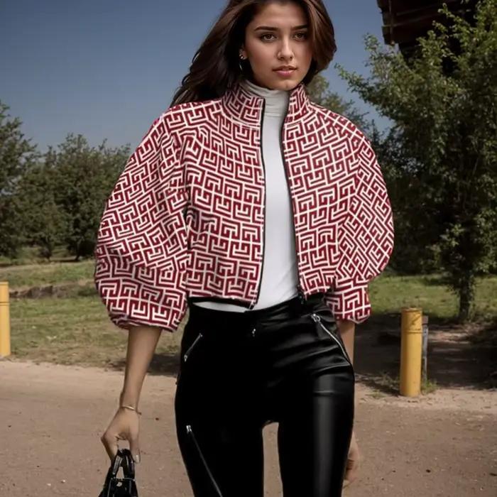 Vestes imprimées High Street pour femmes, motif à pois, manches lanterne, fermeture éclair, manteau 