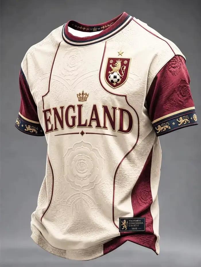 T-shirt de football pour hommes, noir, rouge, or, imprimé Lion Doré et Couronne, manches courtes, co