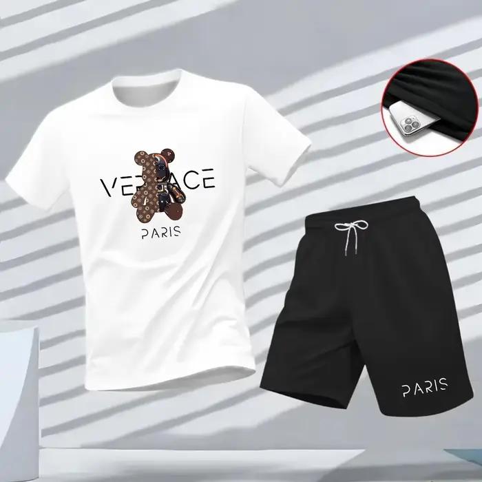 Ensemble 2 pièces de luxe pour homme : T-shirt imprimé ours et short – Survêtement décontracté d'été
