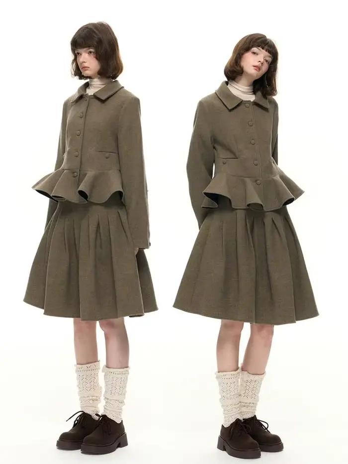 Ensemble manteau et jupe en laine, vert Olive, Vintage, couleur unie, tempérament élégant, princesse