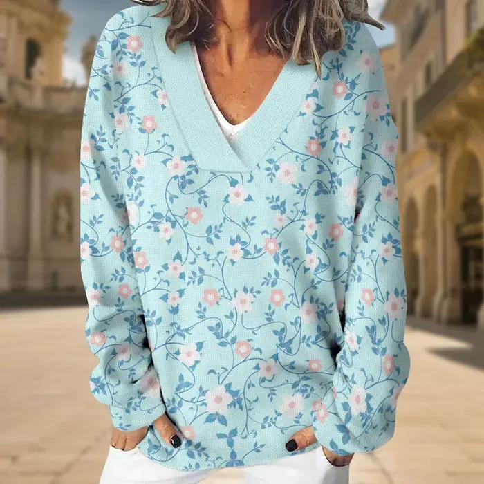 Sweat-shirt à col en v pour femmes, imprimé Floral, Chic, surdimensionné, Sexy, manches longues, amp