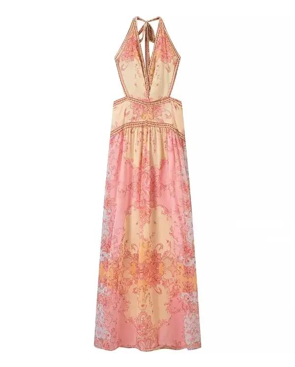 Robe longue sans manches à imprimé floral pour femme, sexy, dos nu, col en V, cintrée à la taille, t