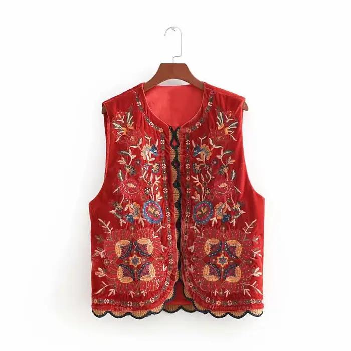 TEELYNN-Veste en velours Boho pour femme, vintage, automne, orang, floral, paillettes broderie, sans