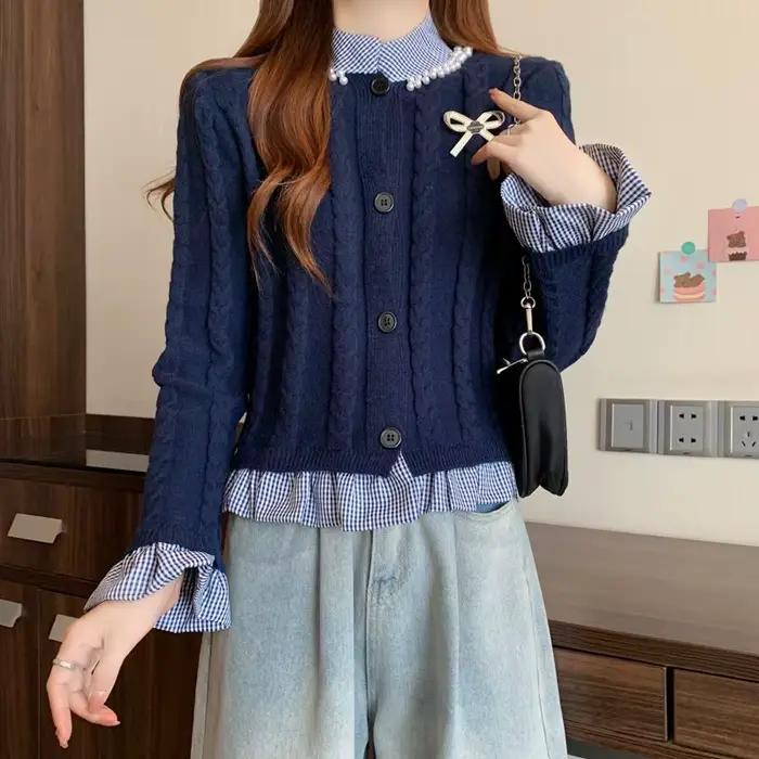 Faux pull torsadé contrasté deux pièces avec nœud doux pour femmes, veste courte à col montant et pe