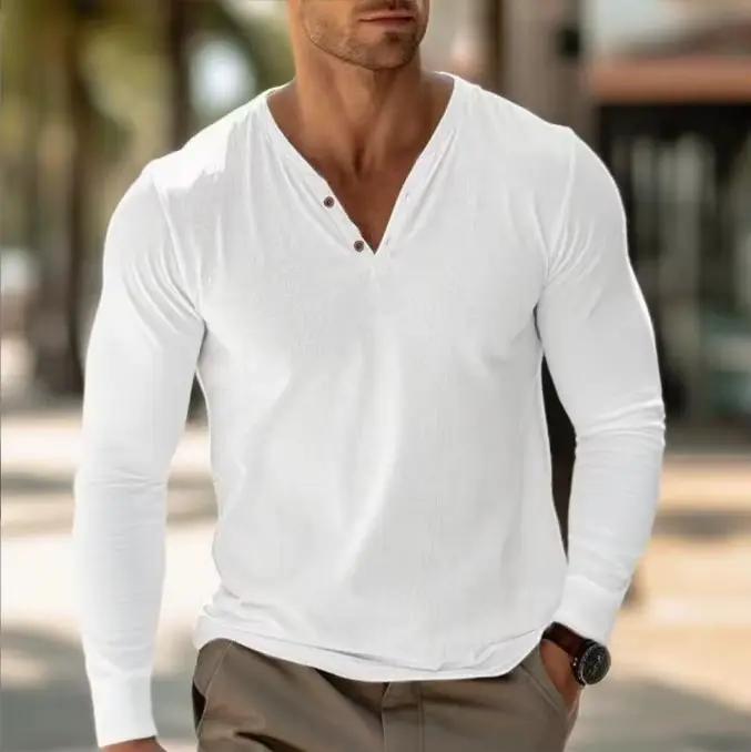 T-shirt à manches longues pour hommes, pull Simple et à la mode, couleur unie, col en v, surdimensio