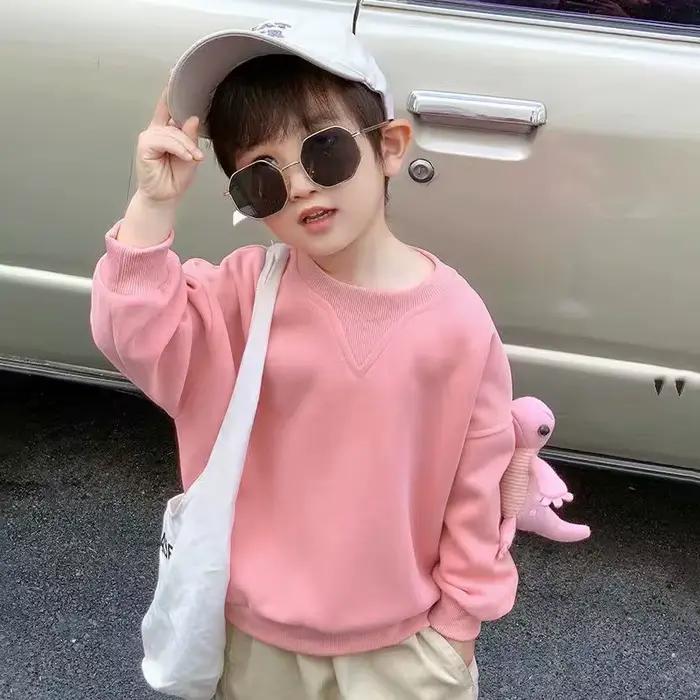 T-shirt rose et bleu pour enfants, nouveau haut cool printemps 2026 pour garçons, sweat-shirt gaufré