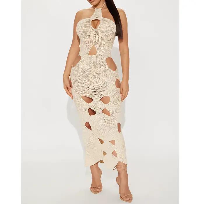 Robe mi-longue en crochet faite à la main, évider, couleur crème, vêtements de fête, découpe, noir, 