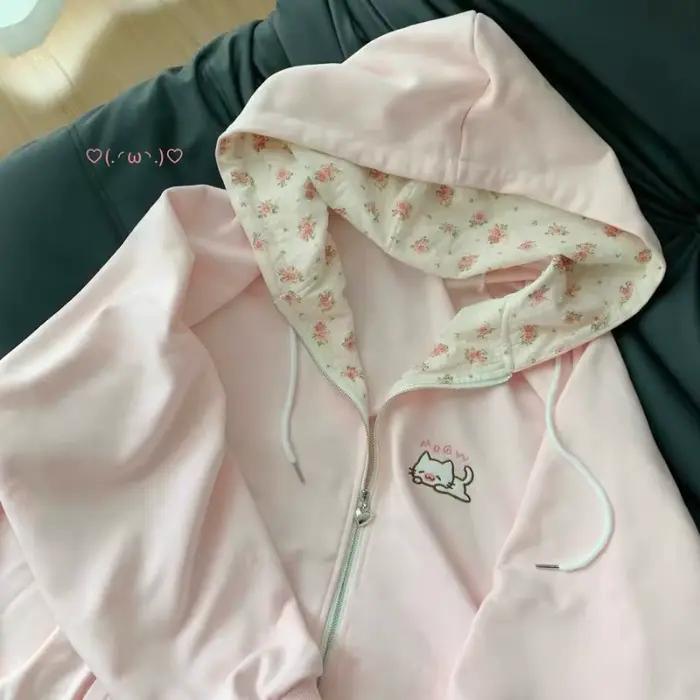Rose Floral mignon chat broderie à capuche femmes Kawaii à manches longues sweat filles automne déco