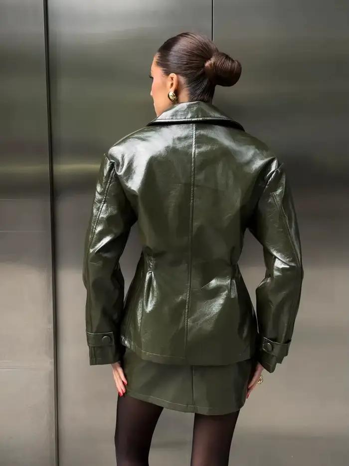 Veste en cuir PU solide pour femme, ensemble Mini jupe, col à revers, manches longues, manteau à Dou