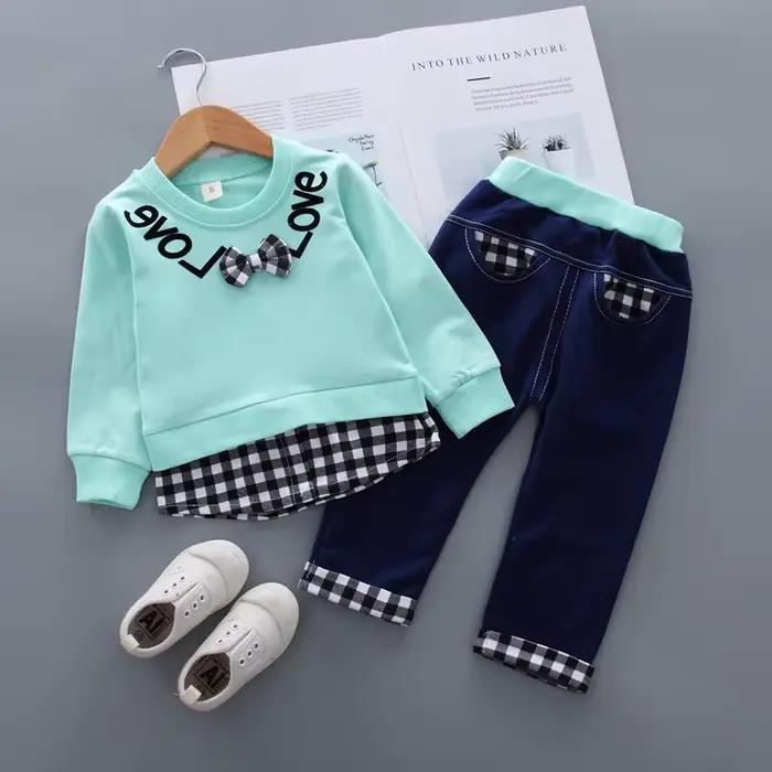 Ensembles de vêtements pour enfants, haut à manches longues + pantalon à carreaux avec nœud, 2 pièce