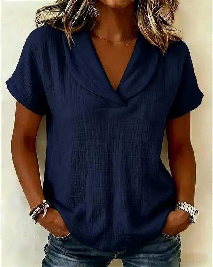 T-shirt décontracté en crêpe à manches courtes et col en V pour femme, nouvelle collection été 2026,