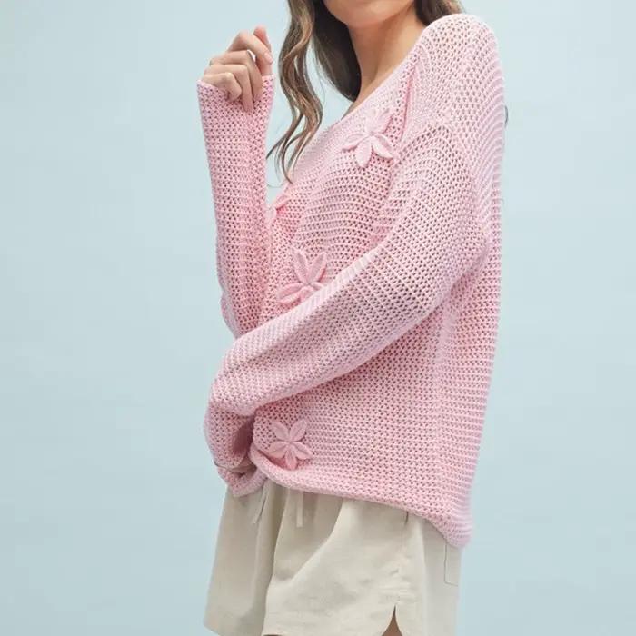 Puloru fleur Crochet tricot chandails femmes ample col rond à manches longues hauts pullover décontr