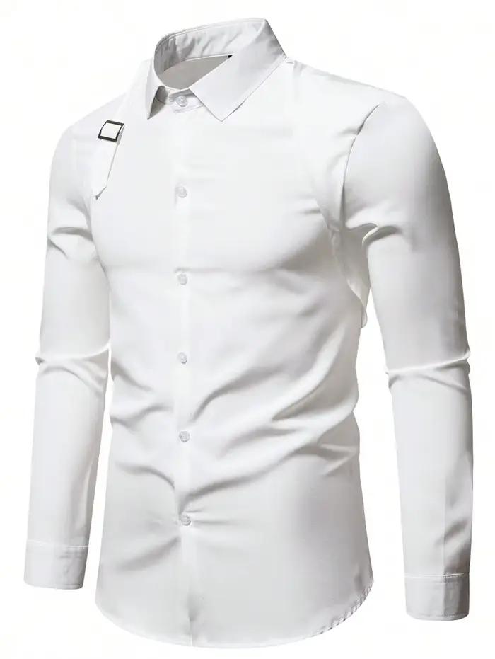Chemise à manches longues boutonnée pour homme, couleur blanche unie, style décontracté et professio